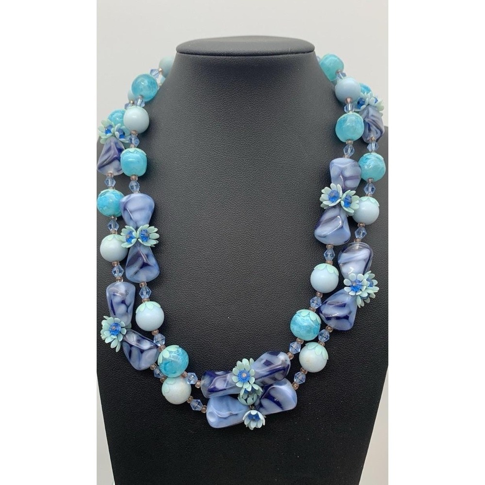 Vintage Double Layer Art Glass Lucite & Plastic Blue Flower Beaded Necklace